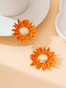 1 Pair Fashionable Versatile Handmade Orange Sunflower Earrings, Vibrant Summer Beach Style - Orange - View 3