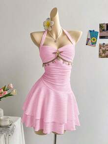 2026  Vestido mini de punto texturizado con cuello en V con volantes, decoración de estrella de mar y concha, hebilla metálica, apropiado para Navidad, cita, discoteca, estilo bohemio, vacaciones, otoño, vintage, fiesta para mujeres - Burdeos - Ver 12