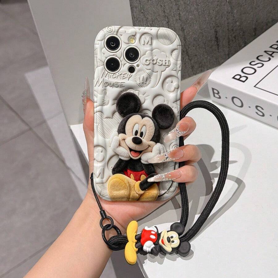 Disney Mickey Mouse Clubhouse Phone Case : 3D Fluffy Pattern Border Protector Phone Soft Phone Case With A Free Cute Mickey Bracelet Chain Lanyard, Mickey, Minnie, Goofy, Donald Duck, Daisy Duck, Pluto, For Apple 17 Promax 17 Pro 16 15 14 13 12 11 Pro Max XS Max X XR Soft Cover Summer Phone Case - trắng - Xem 1
