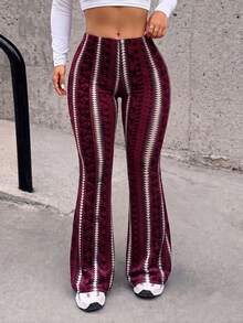 Women's Plus Size Black & Grey Paisley Striped High Waist Flare Leggings, Y2K Streetwear Trousers, Sexy Daily Outfits - 彩色 - 查看 8