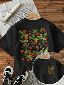 Women's Loose-Fitting Short-Sleeved T-Shirt, Breathable And Comfortable, Made Of Soft Pure Cotton With A Round Neck, White With A Cottagecore Strawberry Graphic Print, Casual Summer T-Shirt For Everyday Wear In All Seasons. - 黑色 - 查看 7