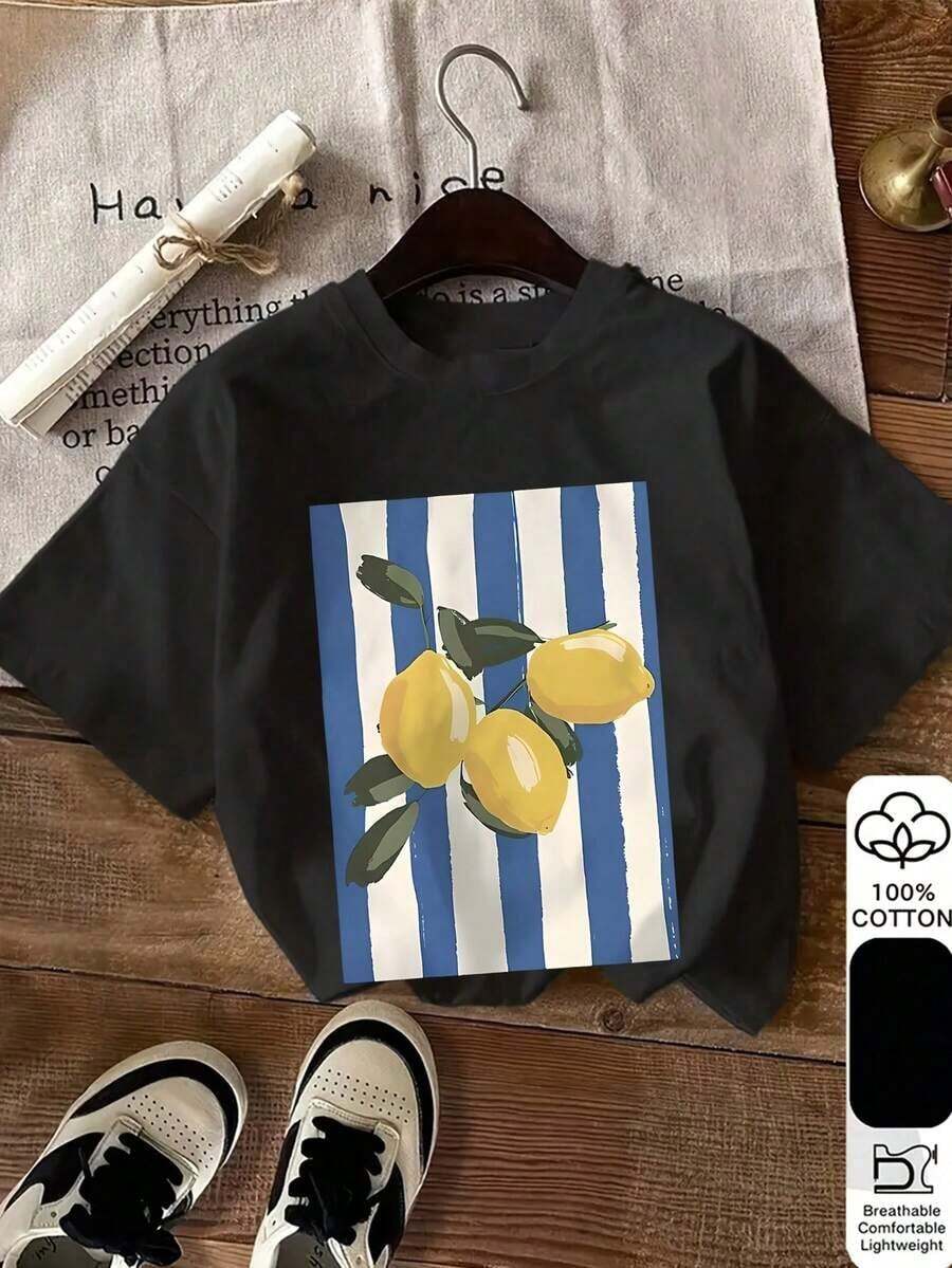 Camiseta de manga corta versátil para mujer, 100% algodón, con estampado de limones (7) Ropa de verano 100% algodón, fresca y cómoda.