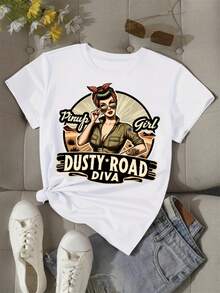 Highway Beauty: The Charm Of Vintage Women On The Dusty Highway - A Vibrant Sports T-Shirt For Women's Fashion And Leisure - Comfortable Short-Sleeved Crew Neck T-Shirt For All Seasons - [白色的] - 查看 2