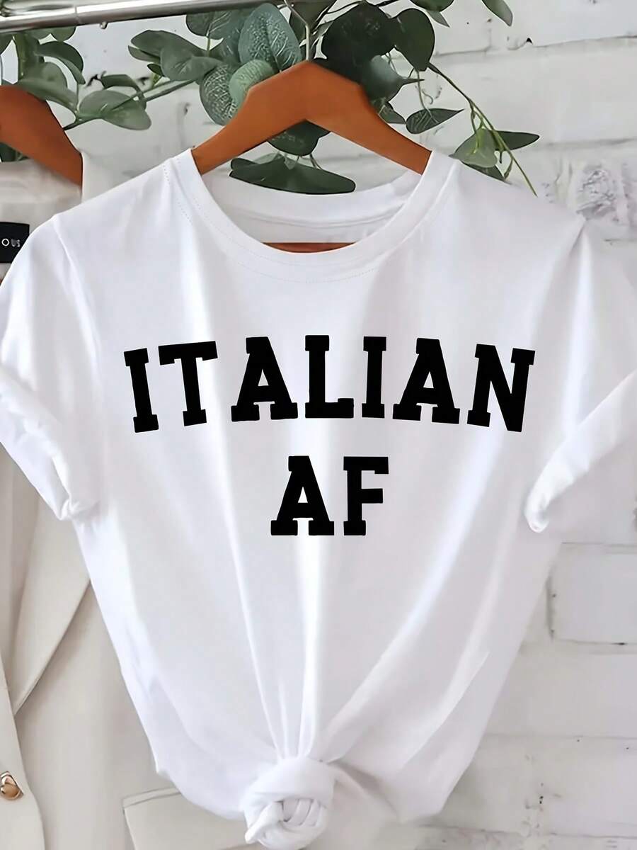 Camiseta con estampado de letras ITALIAN, manga corta, cuello redondo, informal, para verano y primavera, ropa de mujer