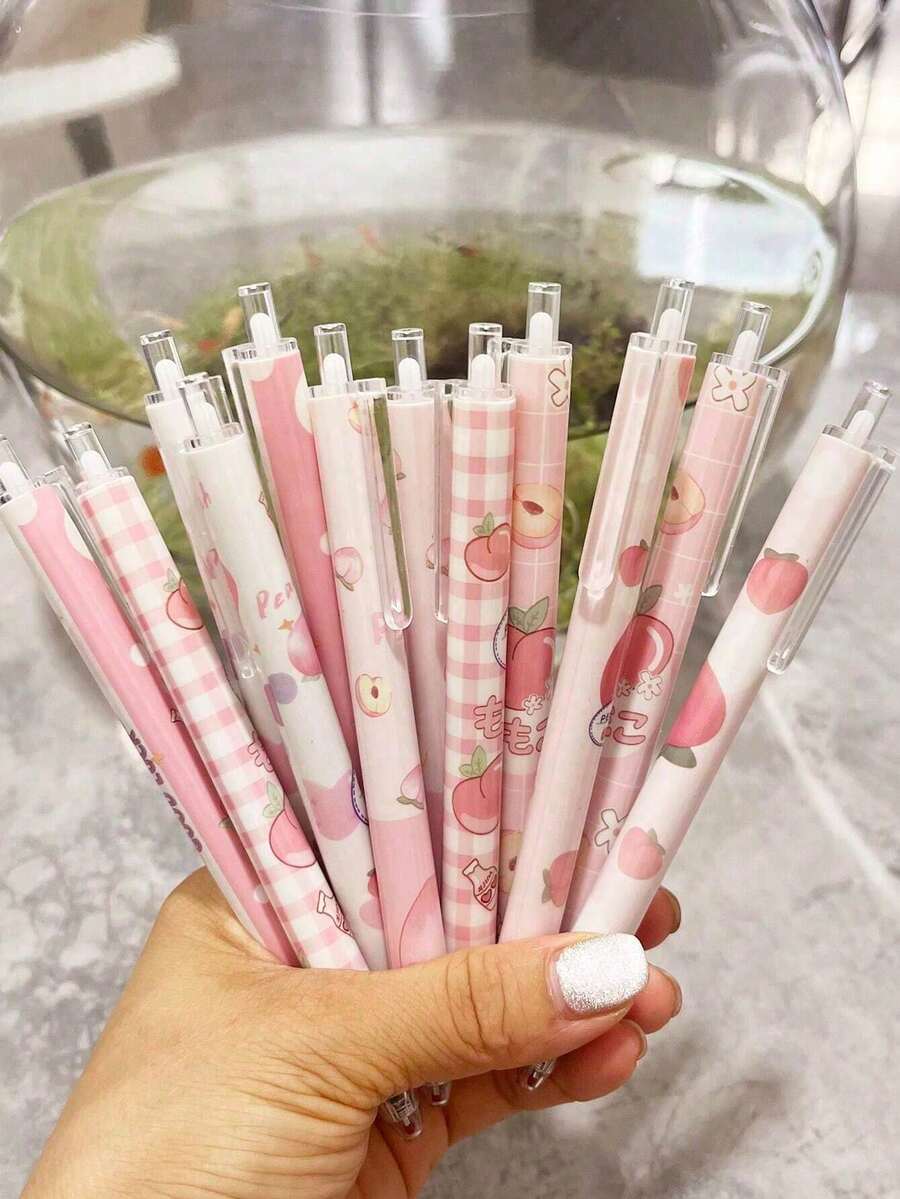 12支/套(随机图案)学生桃子图案按压式圆珠笔,可爱粉色,适合女生,0.5毫米黑色墨水,返校必备文具,办公签名笔 - 多色 - 查看 1