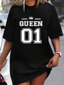 1 pieza de camiseta elegante de manga corta con cuello redondo para mujer - Blusa con estampado de letras y eslogan, adecuada para todas las estaciones, lavable a máquina, ideal para combinar en capas en el guardarropa de otoño e invierno, camiseta básica de estilo casual a más formal, camiseta gráfica para mujer, top casual de verano para uso diario. - Negro - Ver 1