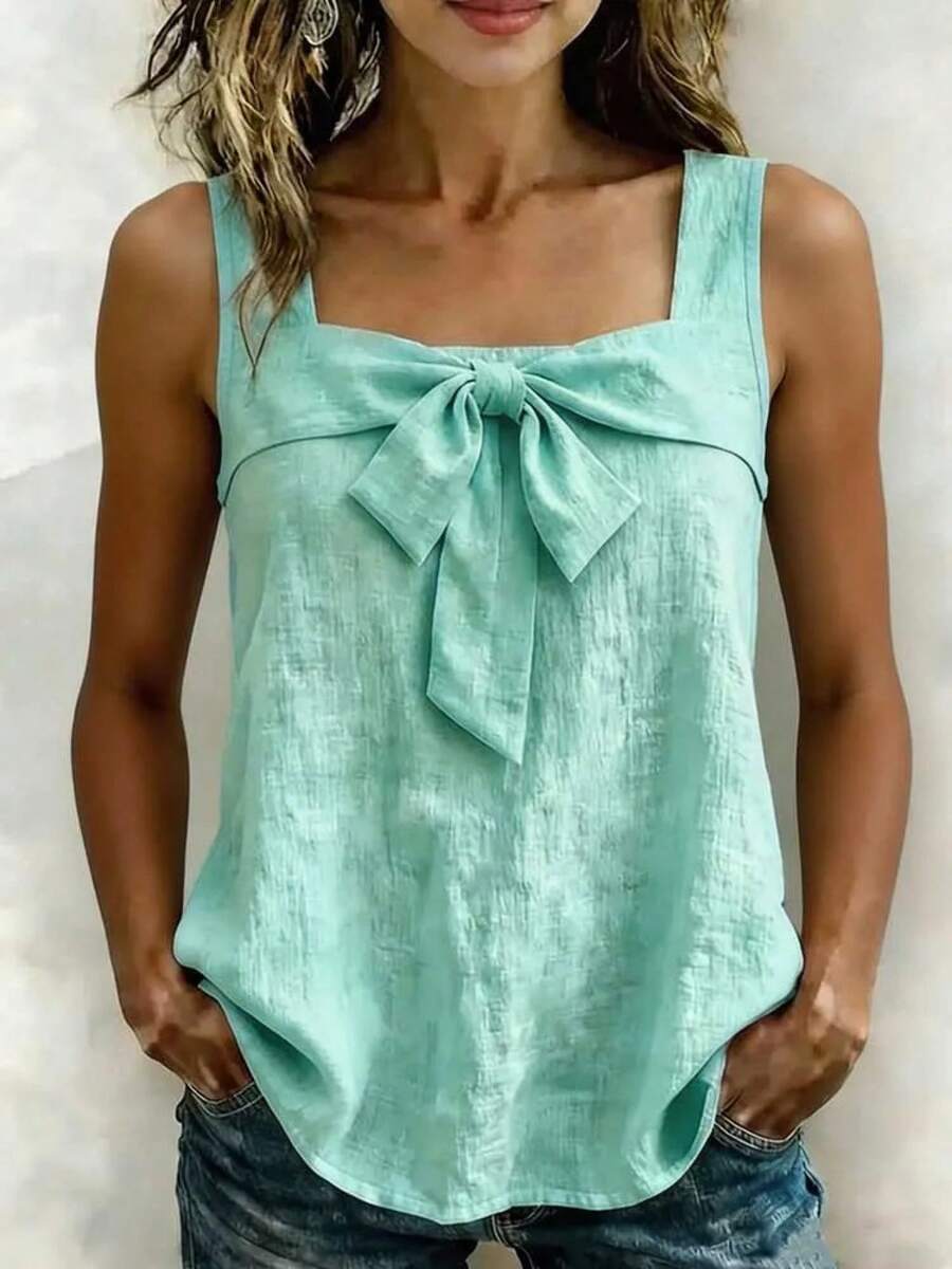 Camiseta sin Mangas para Mujer, Cuello Cuadrado, Color Sólido, Estilo Casual, Nueva Colección 2026 - Verde Claro - Ver 1