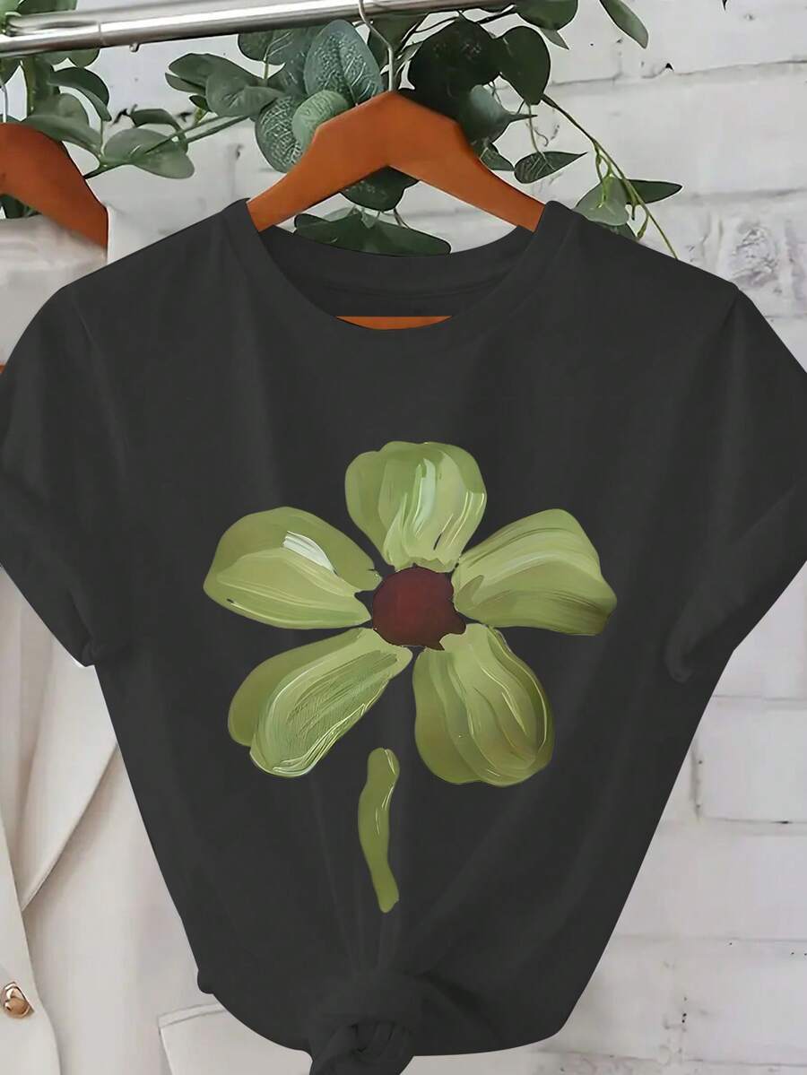 Women's T-Shirts 100% Cotton 2026Pure T-Shirt, Women'S Printed Short Sleeve T-Shirt Korean Style - Black - View 1