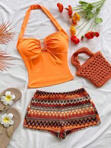 Conjunto Casual de 2 Piezas para Mujer: Top Halter a Rayas y Shorts para Vacaciones - Multicolor - Ver 1