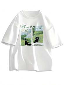 1 pcsPlayera de mujer 100% algodón con estampado artístico de gato  y paisaje verde, manga corta, estilo casual y cómodo para uso diario en primavera y verano180g 100% Cotton - Blanco - Ver 1
