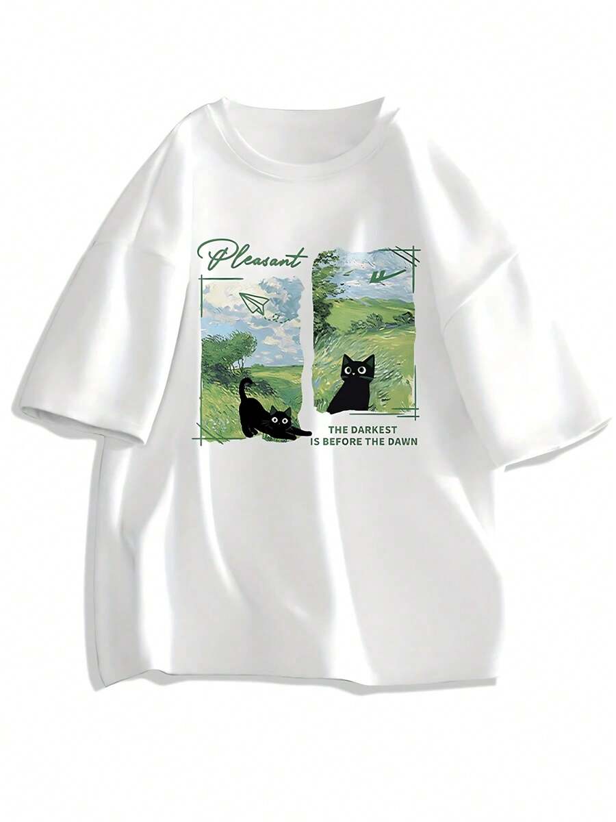 1 pcsPlayera de mujer 100% algodón con estampado artístico de gato  y paisaje verde, manga corta, estilo casual y cómodo para uso diario en primavera y verano180g 100% Cotton - Blanco - Ver 1