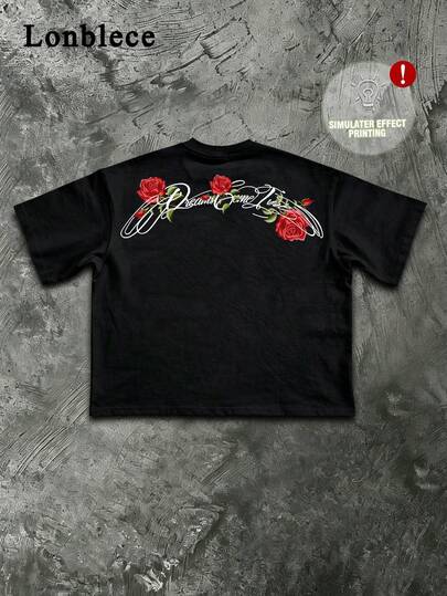 Lonblece 1pc Unisex Black Rose Floral Print T-Shirt, Gothic Style Streetwear Graphic Tee Suitable For Daily And Party Wear