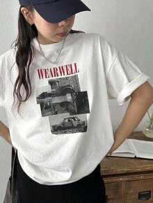 Diseñada para mujeres modernas, elegantes y cómodas, estampado de foto de coche retro, blanca, camiseta de manga corta, 100% algodón, corte holgado para mujer, casual, disponible para entrega nacional. 1 pieza de camiseta de manga corta con cuello redondo de algodón puro para mujer. Es adecuado para usar en primavera y verano, la tela es cómoda y la longitud es estándar, lo que lo hace perfecto para salidas informales y actividades al aire libre en el verano. Confeccionado con tela suave y transpirable de primera calidad, diseñado para ofrecer comodidad durante todo el día y uso diario versátil, perfecto para salidas informales. - Negro - Ver 7