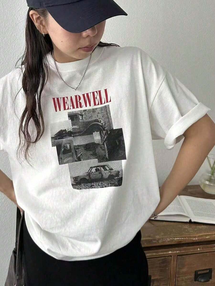 Women's White Short-Sleeved T-Shirt With A Retro Car Photo Print, 100% Cotton, Loose Fit, Casual Style, Available For Domestic Delivery. 1 Piece Of Women's Pure Cotton Short-Sleeved Crew Neck T-Shirt. It Is Suitable For Spring And Summer Wear; The Fabric Is Comfortable And The Length Is Standard, Making It Perfect For Casual Outings And Outdoor Activities In The Summer. - 白色的 - 查看 1