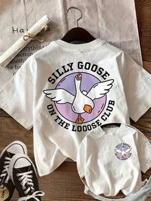 Women's Casual Loose Fit T-Shirt With "Silly Goose" Graphic Print, Breathable And Comfortable, Pure Cotton, Short Sleeve, With Fun "Silly Goose On The Loose Club" Print, Round Neck, For Casual Daily Wear, Summer Clothes, With Cute Cartoon Print On Both Sides. - 白色 - 查看 1