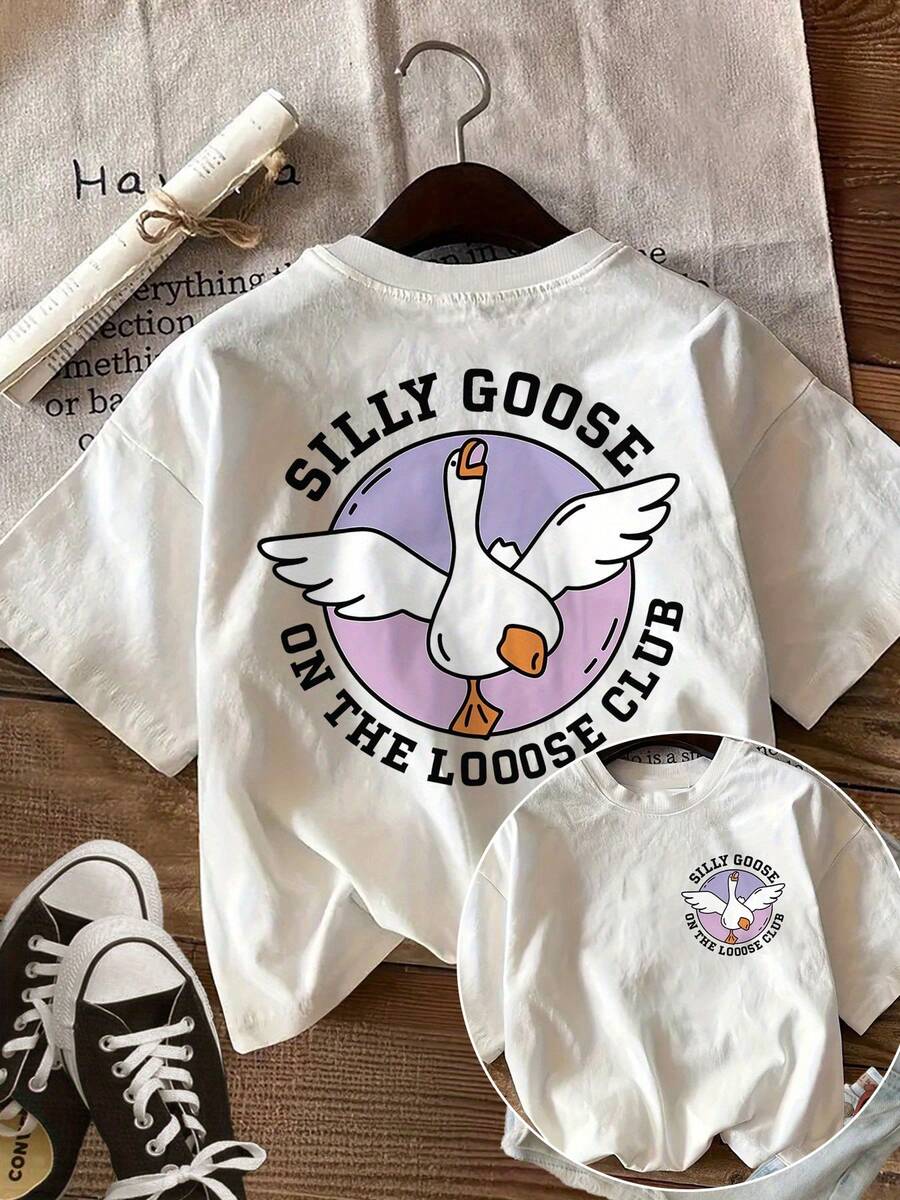 Women's Casual Loose Fit T-Shirt With "Silly Goose" Graphic Print, Breathable And Comfortable, Pure Cotton, Short Sleeve, With Fun "Silly Goose On The Loose Club" Print, Round Neck, For Casual Daily Wear, Summer Clothes, With Cute Cartoon Print On Both Sides. - 白色 - 查看 1
