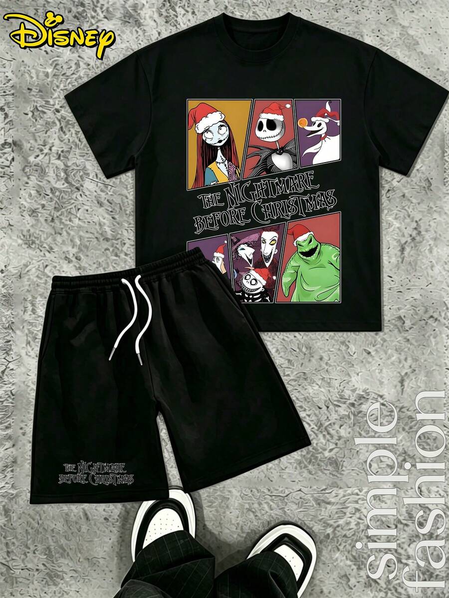 Disney's Nightmare Before Christmas Series Crew Neck T-Shirt + Drawstring Shorts Set, Made Of Soft And Breathable Fabric, Featuring Dark Character Prints, Loose And Comfortable Without Restriction, And Adjustable Drawstring Shorts, Making It Super Convenient For Summer Wear. - Đen + Đen - Xem 1