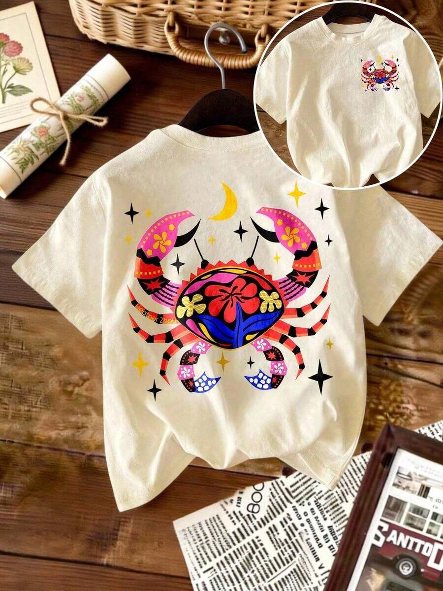 Camiseta de manga corta para mujer, de cuello redondo, con estampado de cangrejo colorido, de alta elasticidad, corte regular, estilo de vacaciones de verano 2026. - Albaricoque - Ver 1