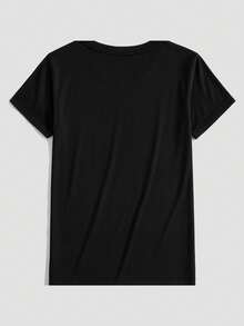 Camiseta casual de manga corta y cuello redondo de diseño sencillo, con tela cómoda, perfecta para primavera y verano. Elegante y práctica. - Negro - Ver 3