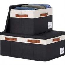 GhvyenntteS - Contenedores de almacenamiento grandes con tapas 3 unidades cestas de almacenamiento con tapa y ventana de etiquetas cajas de almacenamiento plegables de tela con 3 asas para el - Paquete de 3 unidades negras - Ver 2