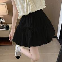 Faldas plisadas con lazo dulce para mujer, estilo coreano de verano, cintura elástica, falda tipo linterna, falda corta blanca holgada de corte A para mujer - Negro - Ver 4