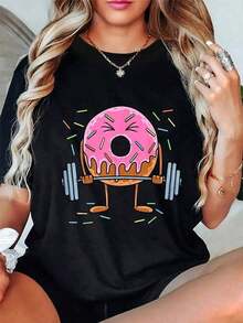 Divertida camiseta de donut con pesas diseño gráfico estampado casual mujer para el día a día colores disponibles en negro moda juvenil última CHNY - Negro - Ver 7