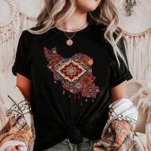 Camiseta de Algodón Premium 200g Negra Oversize Unisex con Estampado de mapa persa tapete oriental bohemio Cuello Redondo Manga Corta - Negro - Ver 6