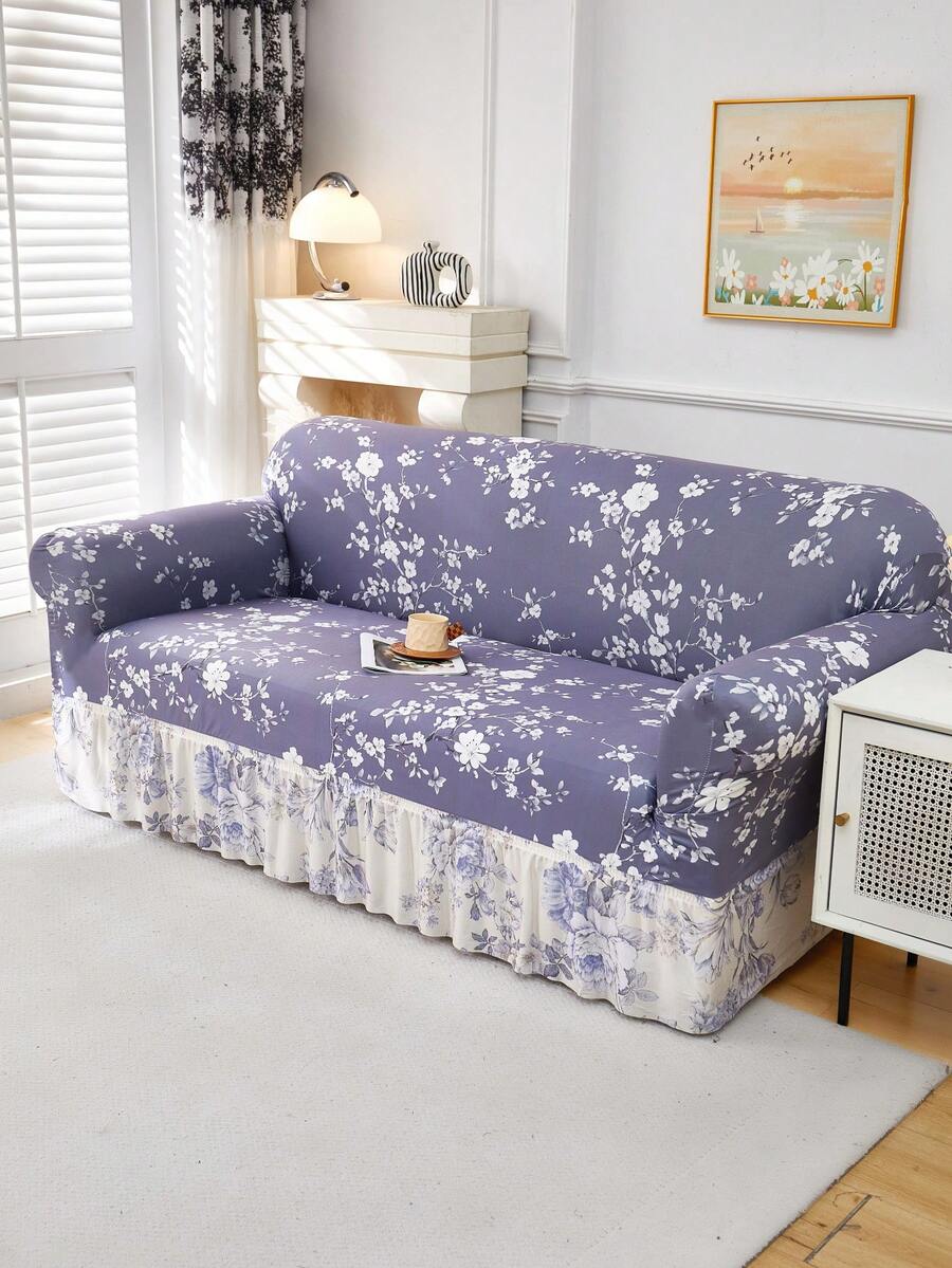 1pc Slip-Resistant Elastic Decorative Sofa Cover, Milk Silk Fabric Floral Print Skirt Design, Fit For Single/Double/Three/Four Seater Sofa, Pet-Friendly, Colorful, Suitable For Spring/Summer/Autumn/Winter