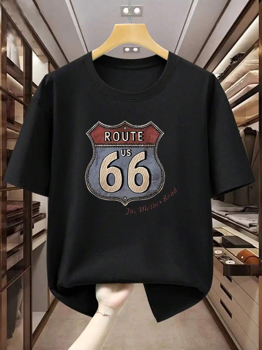 Grands tailles pour hommes T Chemise100%Pur coton, USA66Motif d'autoroute T Chemise d'été à manches courtes confortable et décontractée T Chemise de grande taille - Noir - Voir 1