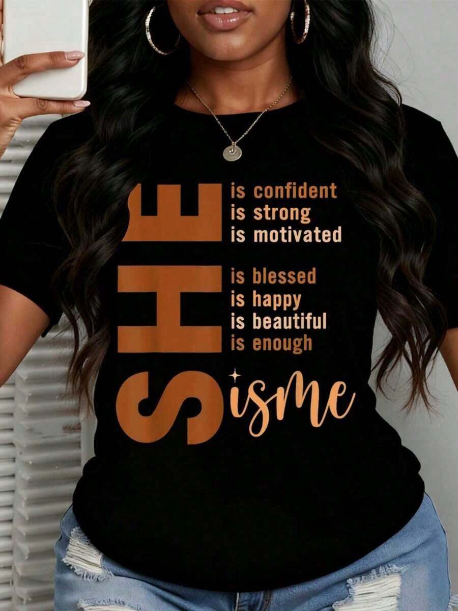 Women's Casual Graphic Print T-Shirt: "She Is Confident, Strong, Motivated, Happy, I Am Enough." Ideal For Everyday Wear And Celebrating Black History. Crew Neck, 100% Cotton, Durable. - 黑色 - 查看 1
