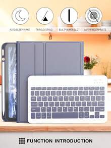 防震纯色可拆卸无线蓝牙键盘保护套，兼容iPad，具备自动休眠/唤醒功能，内置150mAh电池，超薄轻巧支架保护套，带笔槽，紫色/灰色，办公商务专业礼品 - 淡紫色 - 查看 2