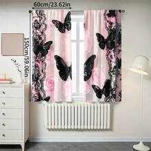2 pièces Rideaux décoratifs élégants à motif floral rose et papillon noir en dentelle, impression numérique haute définition, matériau en polyester translucide, résistant à la décoloration. Convient pour les rideaux de maison, les rideaux de maison. Lavable à la main et à la machine, suspension par poche à tringle, convient pour la décoration de la chambre et du salon, rideaux de décoration intérieure. - Multicolore - Voir 14