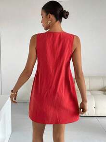 Vestido corto casual y sencillo sin mangas con lazo frontal de unicolor para mujer - Rojo - Ver 2