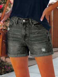 Quần short denim nữ ống rộng phong cách đường phố cổ điển, màu đen thường ngày mùa hè. - màu đen - Xem 3