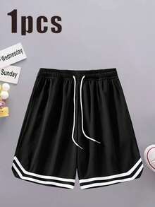 1pc Men's Summer Sports Basketball Shorts, Drawstring Elastic Mesh Quick-Dry Loose Fit Knee-Length Shorts - Black - View 3