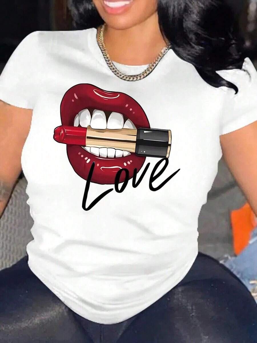 Camia Casual de Manga Corta con Cuello Redondo y Estampado de Letras y Labios para Mujer, Transpirable y Cómoda - Blanco - Ver 1