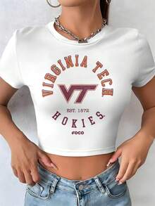 Women's Short T-Shirt Virginia Tech Hokies Logo Print Short Sleeve Cropped Top Suitable For Everyday Wear And Outdoor Activities (2) - 白色 - 查看 1