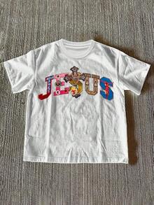 1 pieza de camiseta de cuello redondo para mujer  con estampado gráfico de cruz y Jesús, multicolor, 180g, 100% algodón. - Negro - Ver 6