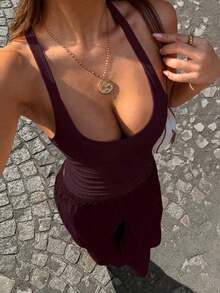 Camiseta sin tirantes acanalada, casual y versátil, negra para primavera/verano - Rojo violeta - Ver 2