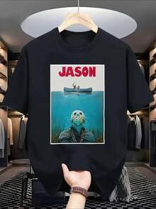 Jason-mönstrad T-shirt, slående rött tryck, kanotmotiv och karaktärsmönster, unik design med vattenmönster, avslappnad kortärmad T-shirt, ett måste för äventyrsälskare. T-shirt, toppar, festkläder, andningsbar för varmt väder, perfekt för vardagsbruk & present, perfekt för semester & lek, tropisk sommar, semesterkläder. - Svart - Visa 7
