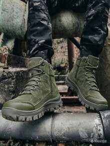 1 Pair Military Green Solid Color Outdoor Synthetic Leather Lace-Up Side Zipper Tactical Boots, Outdoor Hiking Boots, Suitable For All Seasons - Army Green - View 2
