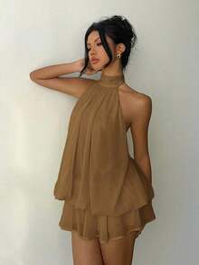 Vestido mini elegante de mujer con cuello halter y lazo en color amarillo claro - Caqui - Ver 5