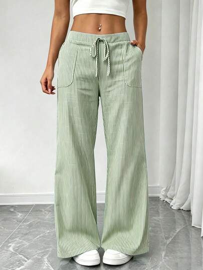 Women's Elegant Casual Striped Pocket Straight Leg Pants, Spring/Summer