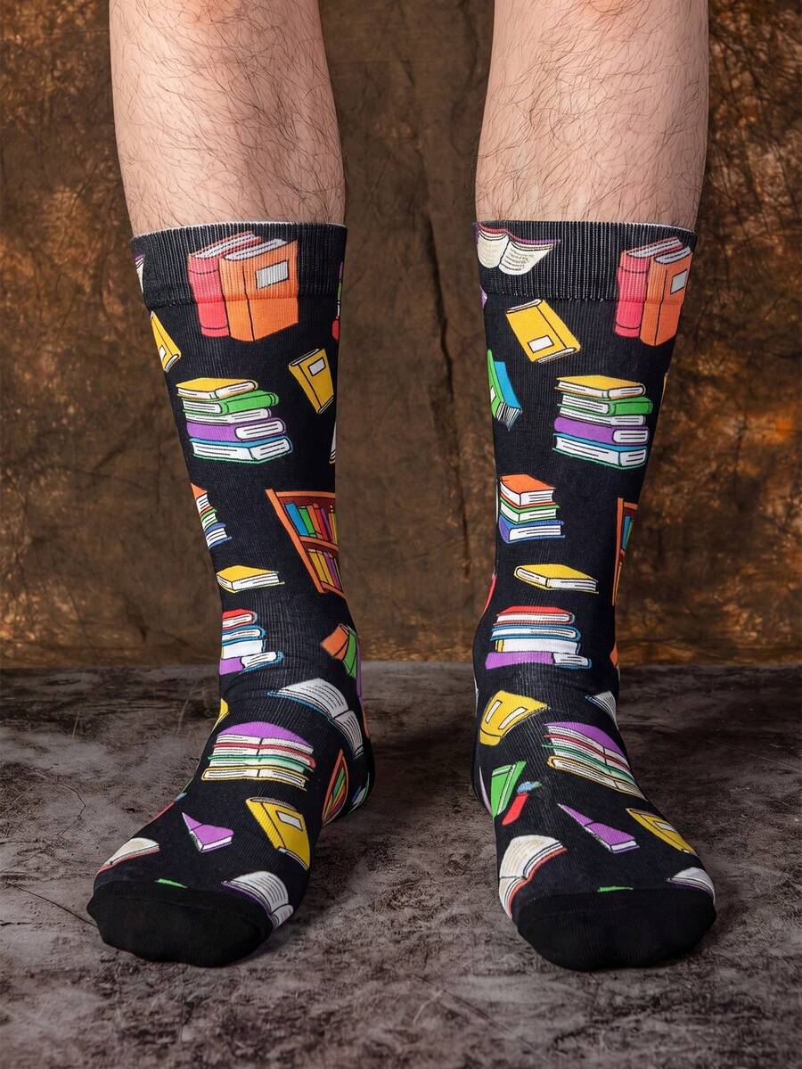 1/3 pares de calcetines divertidos de media pantorrilla con temática de libros y lectura, calcetines novedosos para hombres, creativos y para el verano - Multicolor - Ver 1