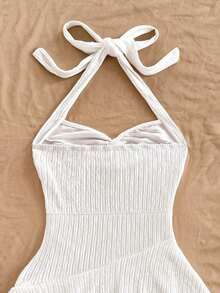 AVestido mini sexy con espalda descubierta, corbata en el cuello, dobladillo fruncido y doble capa, adecuado para fiestas, citas, San Valentín - Blanco - Ver 8