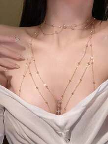 1pc Sexy Rhinestone Tassel Multi-Layer Body Chain, Women's Party/Beach/Daily Accessory, Suitable For Dates, Vacation, Summer - Gold Necklace + Body Chain - View 4