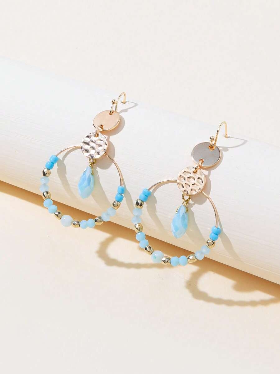 1 par de pendientes redondos con cuentas de cristal (color de las cuentas con degradado aleatorio) - Azul claro - E043 - Ver 1