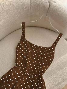 Vestido largo de tirantes finos con estampado de lunares en estilo vintage francés para playa y vacaciones - Marron oscuro - Ver 3