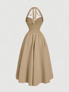 Vestido de mujer con cuello halter, fruncido y lazo, color azul marino, conjunto de ropa para fiestas, atuendo de Año Nuevo, vestido de baile deáscaras, conjunto de ropa de cumpleaños para mujer, vestido azul marino, vestido con lazo, vestido de princesa para Año Nuevo - Caqui 2 - Ver 2