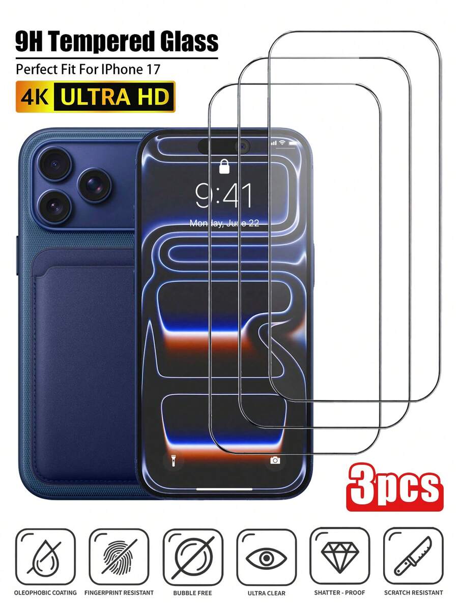 3Pcs,Compatible With IPhone 17 Pro Max [6.7 Inch] 9D Drop Protection,Cell Phones & Accessories/Phone Screen Protectors,High-Definition Anti-Oil Stain,Holiday/Daily/Glamorous/Funky,Tempered Glass Sensor Protection
